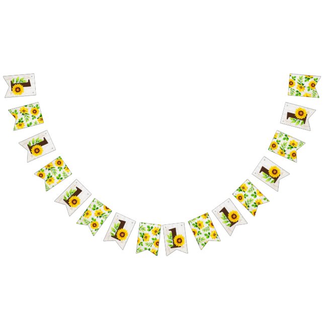 1st Birthday Sunflower & Rustic Wood Party Decor Bunting (All)