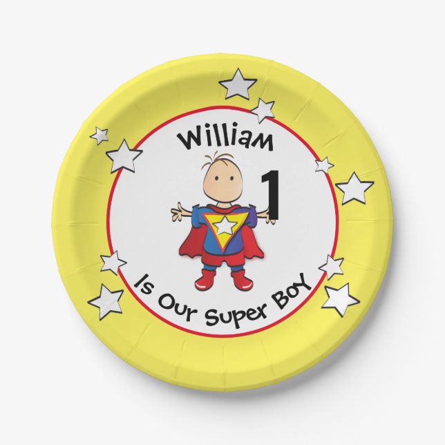 1st Birthday Super Boy Cartoon Cute Party Plate (Front)
