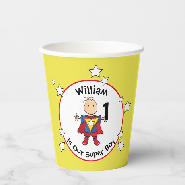 1st Birthday Superhero Cartoon Yellow Red Blue  Paper Cups (Front)