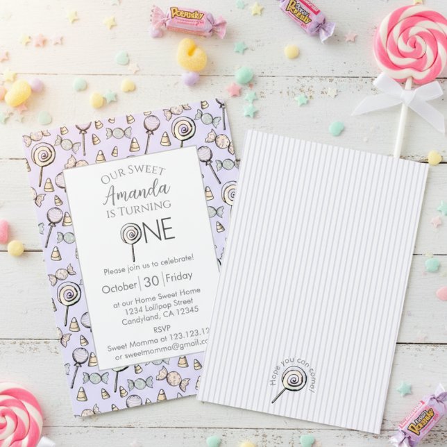 1st Birthday Sweet Little One Candy Theme Invitation (Cute Purple 1st Birthday Invitation Card for Baby Girl. Sweet One Candy Theme with Colorful Lollipop)