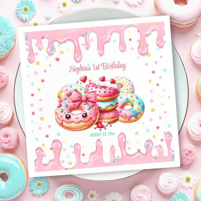 1st Birthday Sweet One Cute Doughnut Pink Girl Napkin (1st Birthday Sweet One Cute Donut Pink Girl Napkins)