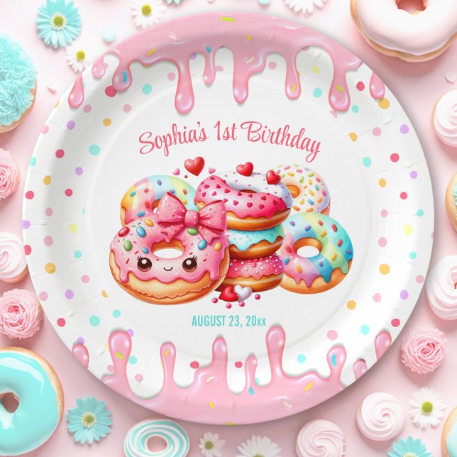 1st Birthday Sweet One Cute Doughnut Pink Girl Paper Plate (1st Birthday Sweet One Cute Donut Pink Girl Paper Plates)