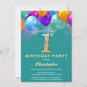 1st Birthday Teal and Gold Colourful Balloons Invitation