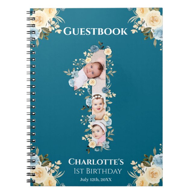 1st Birthday Teal Flower Photo Yellow Guestbook Notebook (Front)