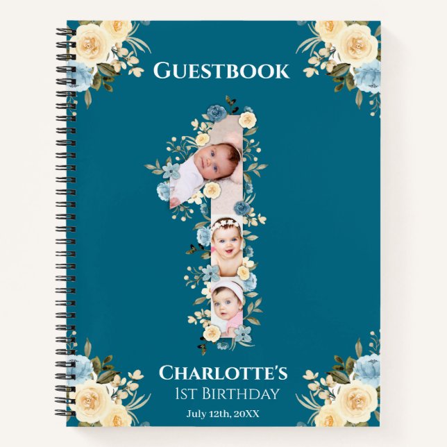 1st Birthday Teal Photo Yellow Flower Guest Book (Front)