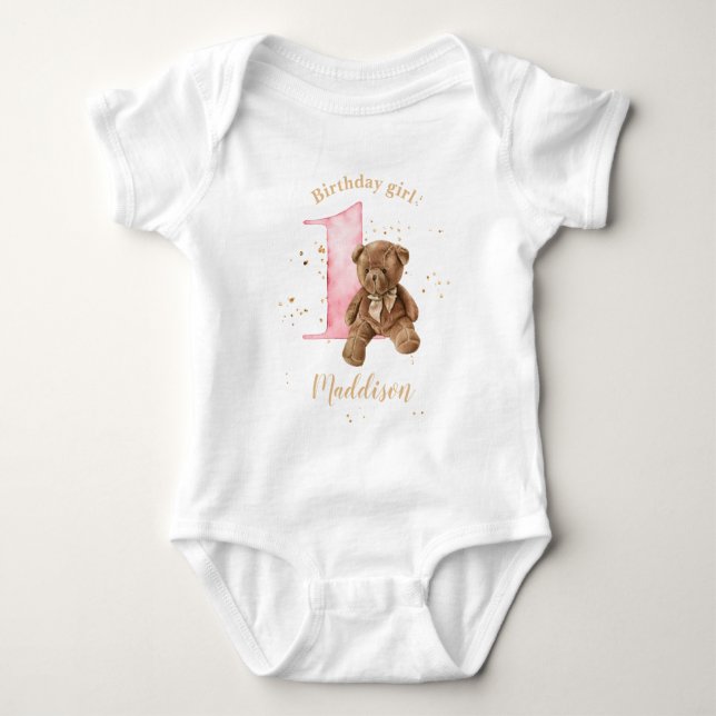 1st Birthday Teddy Bear Baby Bodysuit (Front)