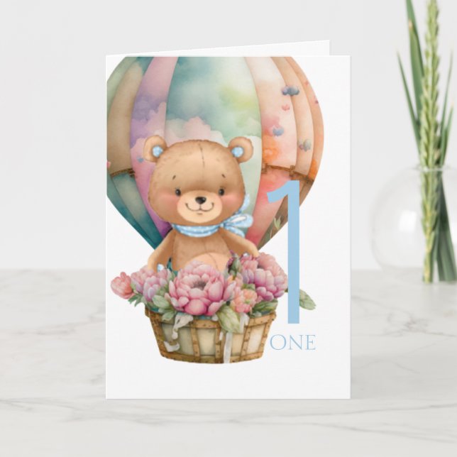 1st Birthday Teddy Bear Balloon Card (Front)