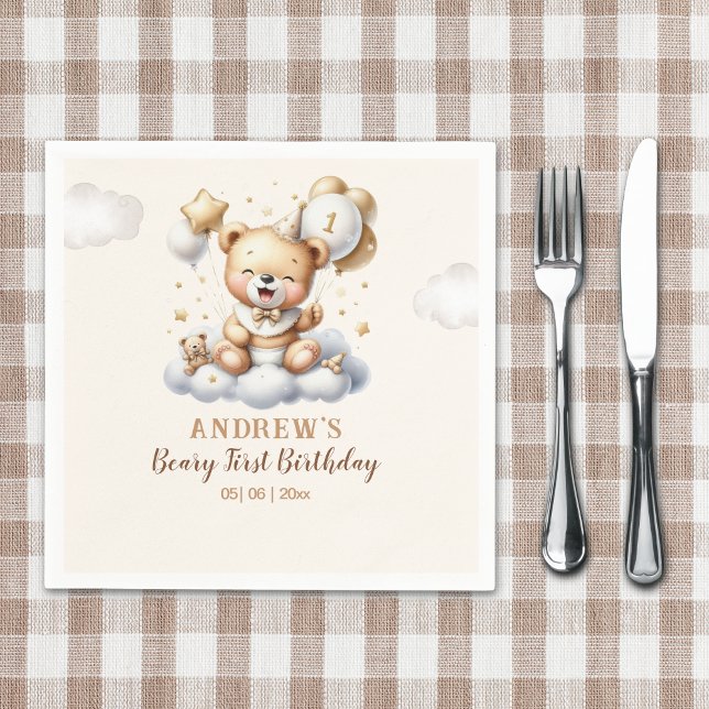 1st Birthday Teddy Bear Boy Napkin (Creator Uploaded)