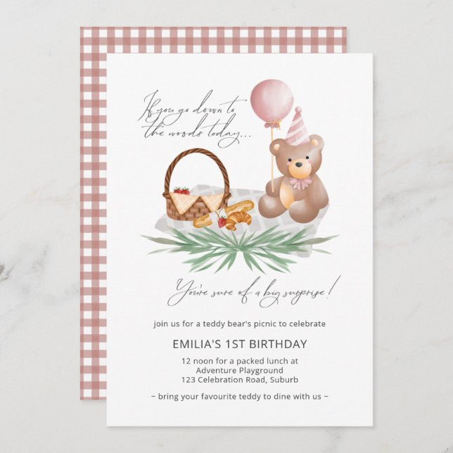 1st Birthday Teddy Bear Picnic Pink Check Invitation (Front/Back)