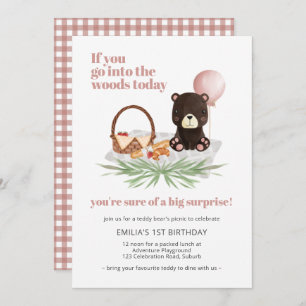 1st Birthday Teddy Bear Picnic Pink Checked Invitation