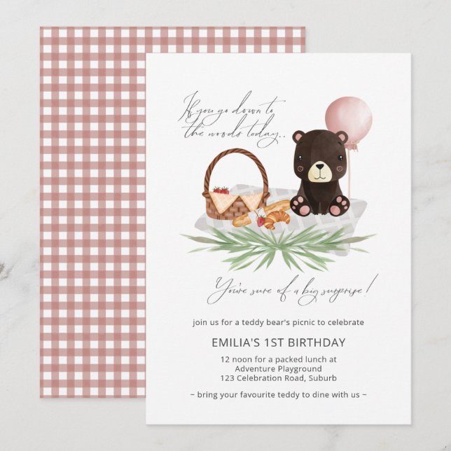 1st Birthday Teddy Bear Picnic Pink Checked  Invitation (Front/Back)