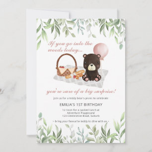 1st Birthday Teddy Bear Picnic Pink Greenery Invitation