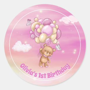 1st Birthday Teddy Bear Pink Balloons Classic Round Sticker