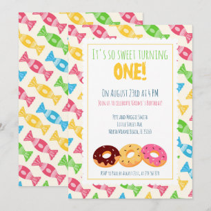 1st birthday three doughnuts baby girl party  invitation