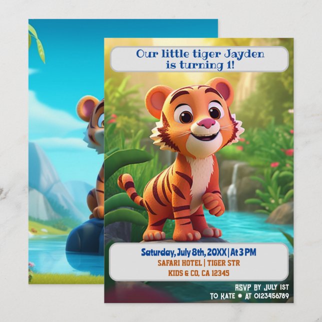 1st Birthday Tiger Personalised Name Age Kids  Invitation (Front/Back)