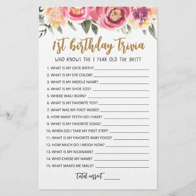 1st Birthday Trivia editable game (Front)