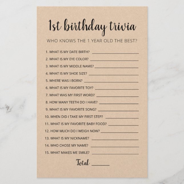 1st Birthday Trivia editable game (Front)