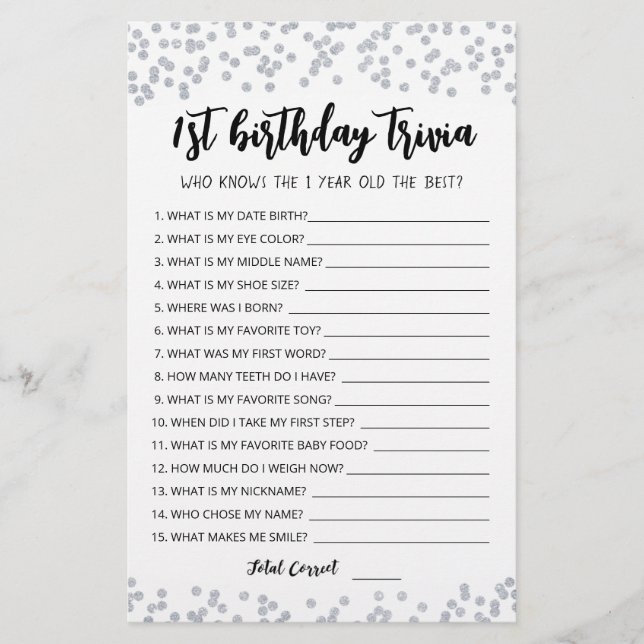 1st Birthday Trivia editable game (Front)