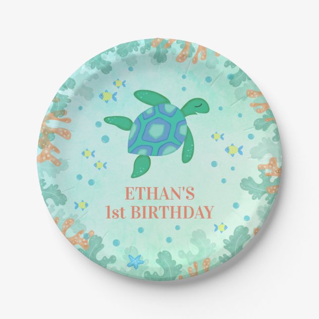 1st Birthday Turtle Under The Sea Party Paper Plate (Front)