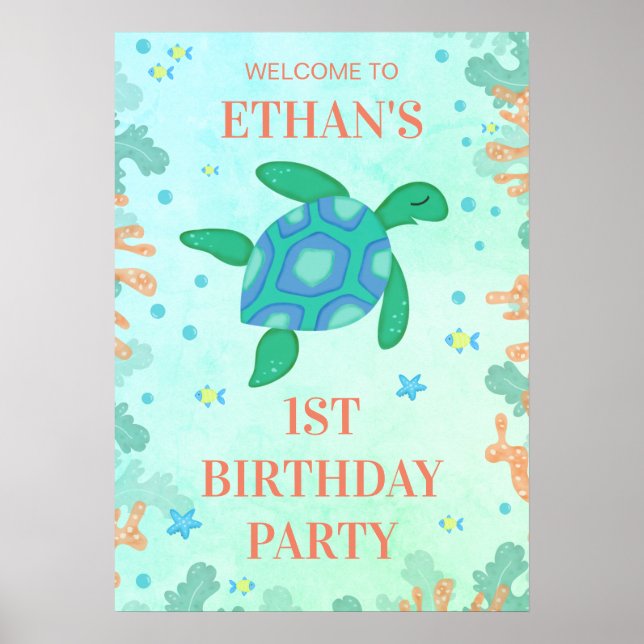 1st Birthday Turtle Under The Sea Party Poster (Front)