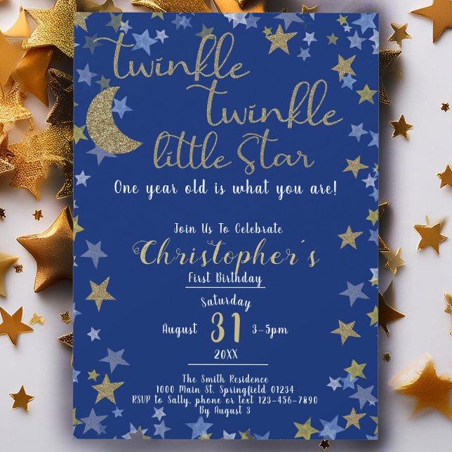 1st Birthday Twinkle Little Star Gold Boy Invitation (Creator Uploaded)