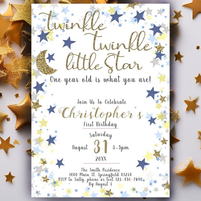 1st Birthday Twinkle Little Star Gold Boy Invitation (Creator Uploaded)