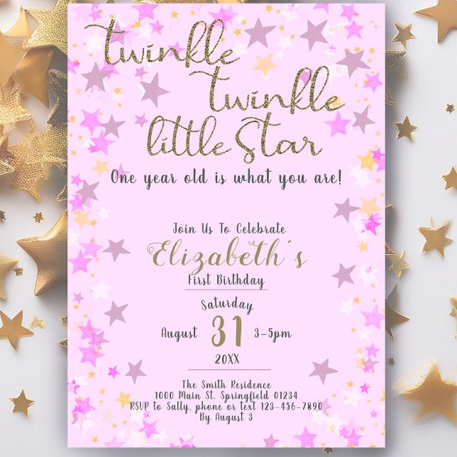 1st Birthday Twinkle Little Star Pink Girl  Invitation (Creator Uploaded)