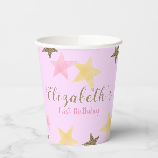 1st Birthday Twinkle Little Star Pink Girl  Paper Cups (Left)