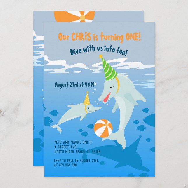 1st birthday under the sea dolphins boy party  invitation (Front/Back)