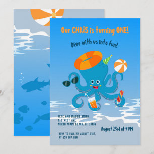 1st birthday under the sea octopus boy party invitation