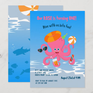 1st birthday under the sea octopus girl party  invitation