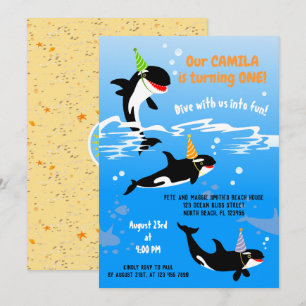 1st birthday under the sea orca whale baby girl invitation