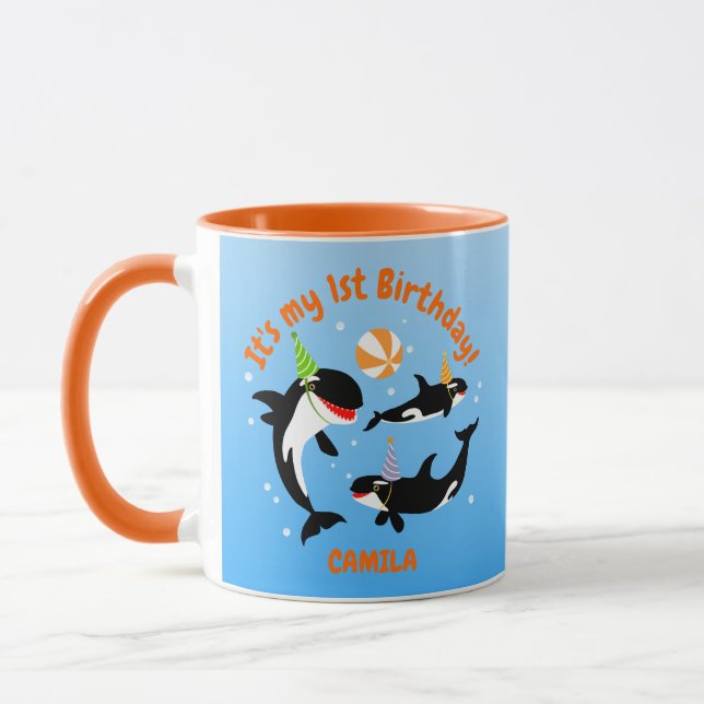 1st birthday under the sea orca whale baby girl mug (Left)