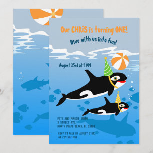 1st birthday under the sea orca whale boy party  invitation