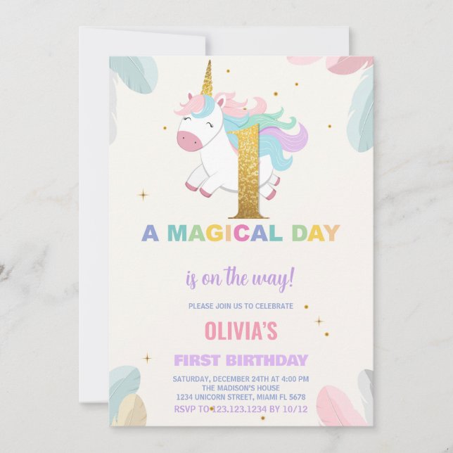 1st Birthday Unicorn Birthday Invitations (Front)