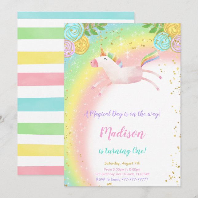 1st Birthday Unicorn Invitation (Front/Back)