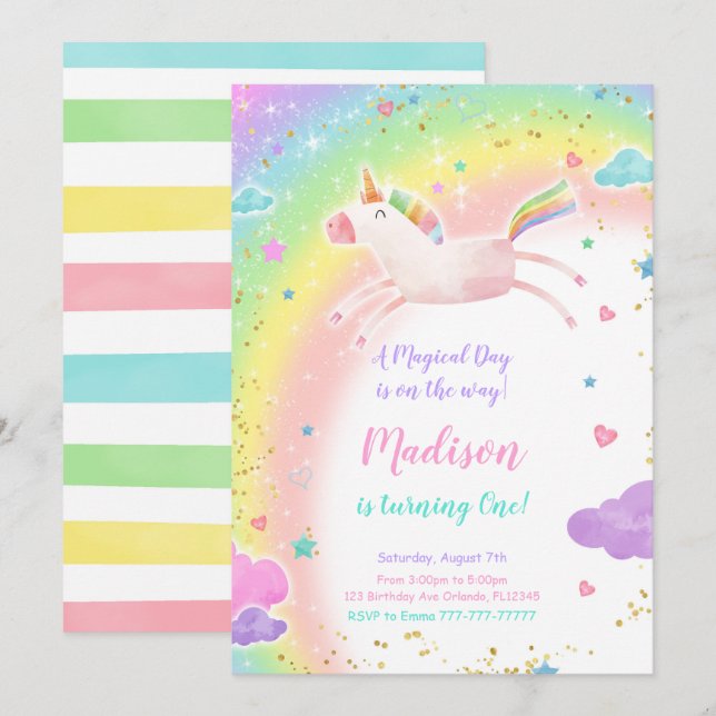 1st Birthday Unicorn Party Invitation (Front/Back)