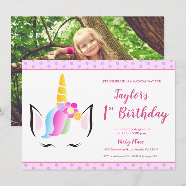 1st birthday Unicorn party Photo Invitation (Front/Back)