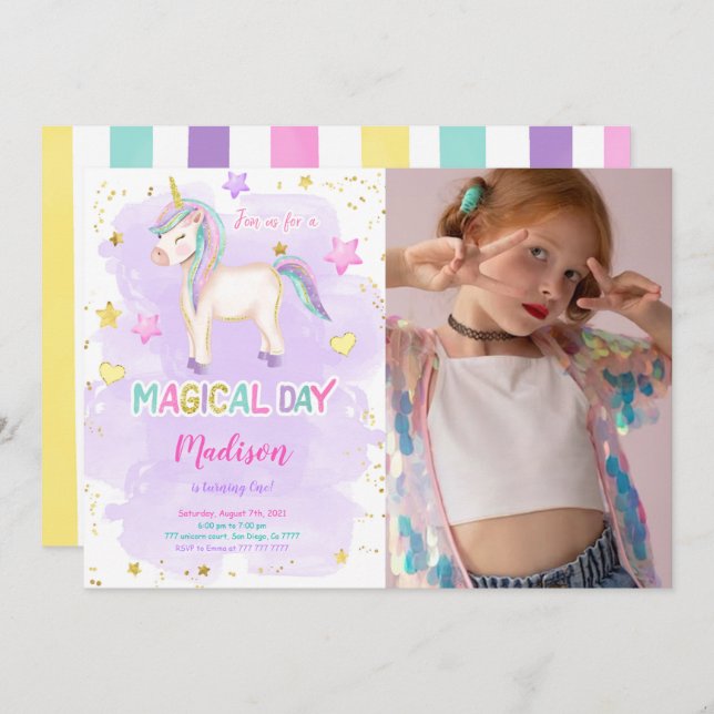 1st Birthday Unicorn Photo Invitation (Front/Back)