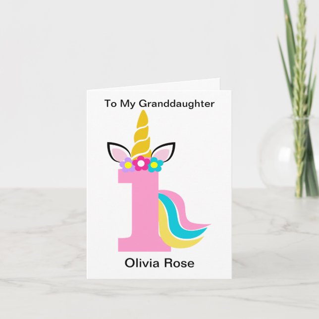 1st Birthday Unicorn Pink Granddaughter Birthday Card (Front)
