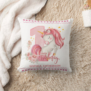 1st Birthday Unicorn Pink Little Girl Cushion