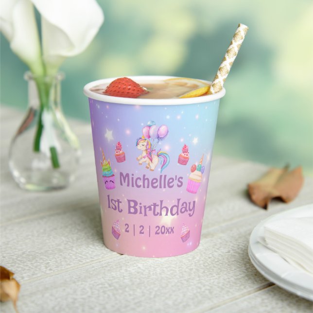 1st birthday unicorns cupcakes girly colourful cut paper cups (Insitu)