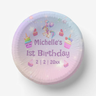 1st birthday unicorns cupcakes girly cute chic paper plate