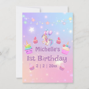 1st birthday unicorns cupcakes girly fun card
