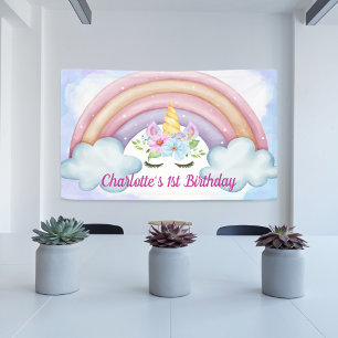 1st Birthday Watercolor Floral Unicorn Party Banner