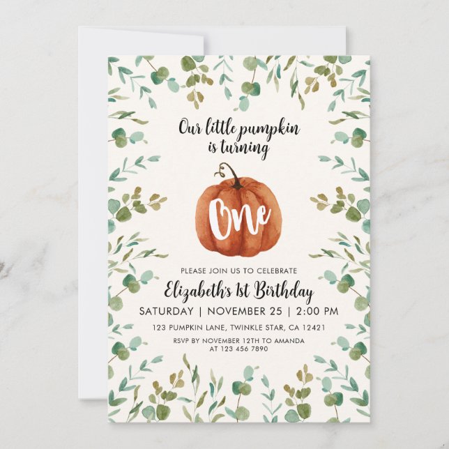 1st Birthday Watercolor Pumpkin & Eucalyptus Invitation (Front)