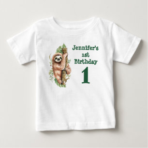 1st Birthday Watercolor Sloth & Tropical Leaves Baby T-Shirt