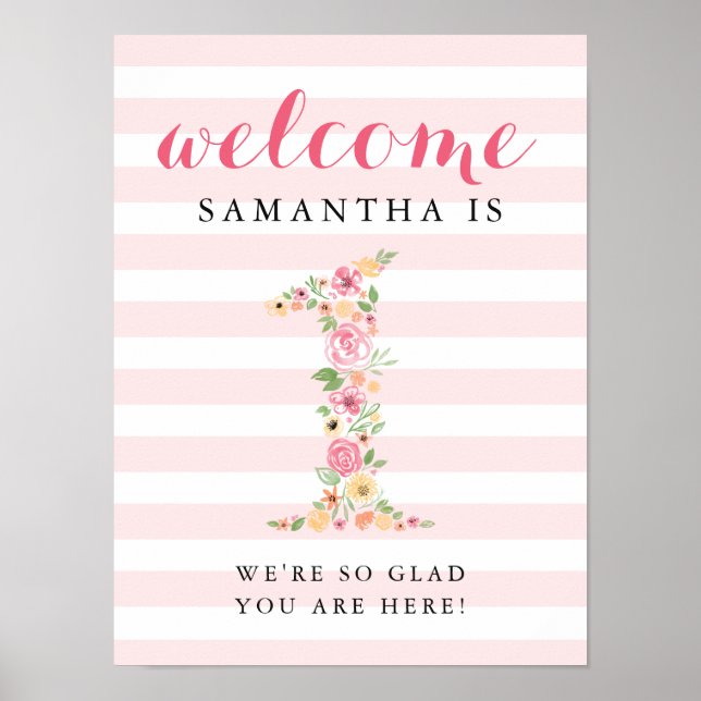 1st Birthday Welcome Sign Pink Watercolor Florals (Front)
