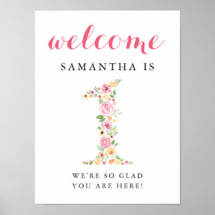 1st Birthday Welcome Sign Pink Watercolor Florals