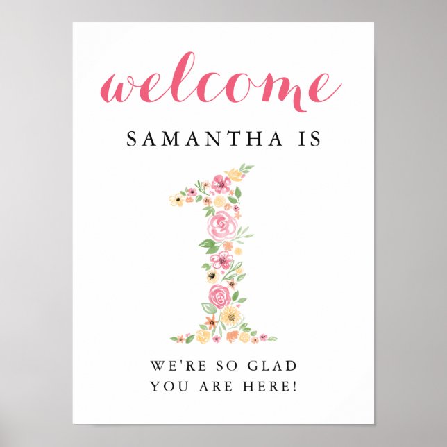 1st Birthday Welcome Sign Pink Watercolor Florals (Front)